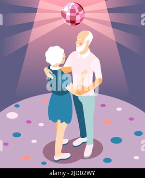 Persone anziane moderne illustrazione vettoriale isometrica con coppia di pensionati che ballano nella scena del night club Illustrazione Vettoriale