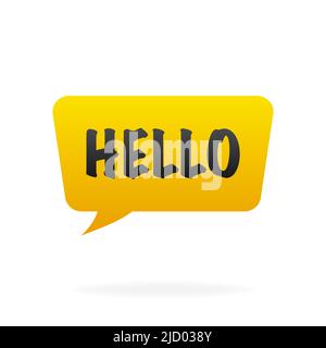 Icona a forma di bolla giallo per il discorso di hello. Web design. Design adesivo. Illustrazione Vettoriale