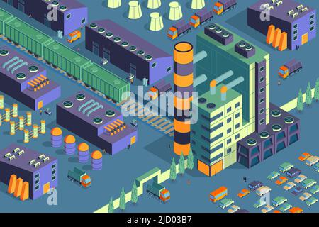 Impianto industriale isometrico composizione orizzontale in vista dell'area di recinzione industriale con illustrazione vettoriale di edifici vegetali Illustrazione Vettoriale