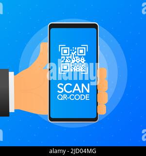 La mano tiene il telefono con il codice qr di scansione sullo schermo. Telefono su sfondo blu. Illustrazione vettoriale. Illustrazione Vettoriale