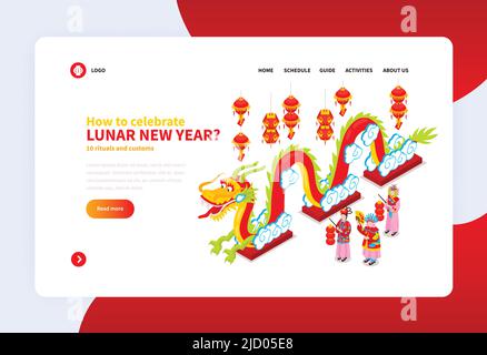 Pagina di arrivo del nuovo anno cinese con informazioni su come celebrare l'illustrazione isometrica del vettore di vacanza Illustrazione Vettoriale