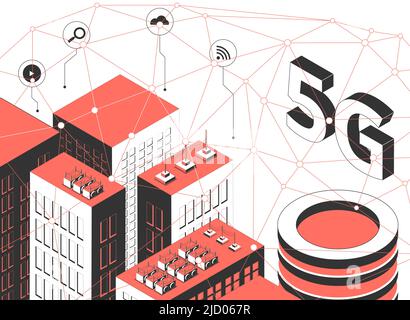 5G tecnologia wireless composizione isometrica con blocchi urbani alti edifici immagini pittogrammi rotondi icone e illustrazione vettoriale rete Illustrazione Vettoriale