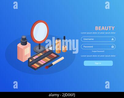 Applicazione mobile per cosmetici e bellezza con illustrazione isometrica vettoriale a specchio e mascara Illustrazione Vettoriale