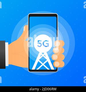 La mano tiene il telefono con una torre che mostra la rete mobile 5G disponibile su sfondo blu. Illustrazione vettoriale. Illustrazione Vettoriale