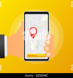 La mano tiene il telefono con la mappa e i punti su sfondo giallo. App di consegna. Illustrazione vettoriale. Illustrazione Vettoriale