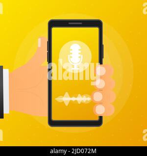 La mano tiene il telefono con il podcast di registrazione sullo schermo su sfondo giallo. Illustrazione vettoriale. Illustrazione Vettoriale