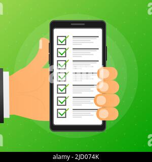 La mano tiene il telefono con l'elenco di controllo sullo schermo su sfondo verde. Illustrazione vettoriale. Illustrazione Vettoriale