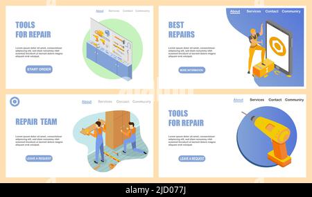 Icone concettuali degli strumenti di costruzione impostate con simboli del team di riparazione illustrazione vettoriale isometrica isolata Illustrazione Vettoriale