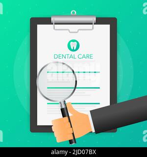 La mano tiene la lente di ingrandimento sopra la compressa con cura dentale su sfondo verde. Illustrazione vettoriale. Illustrazione Vettoriale