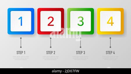 Infografica con 1, 2, 3 e 4 passaggi di colori diversi su sfondo bianco. Illustrazione vettoriale. Illustrazione Vettoriale