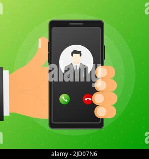 La mano consente di tenere il telefono con la chiamata in arrivo videochiamata sullo schermo su sfondo verde. Illustrazione vettoriale. Illustrazione Vettoriale