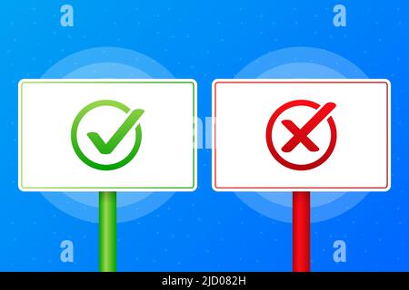 Sì o no segno realistico rosso e verde tabella su sfondo blu. Illustrazione vettoriale. Illustrazione Vettoriale