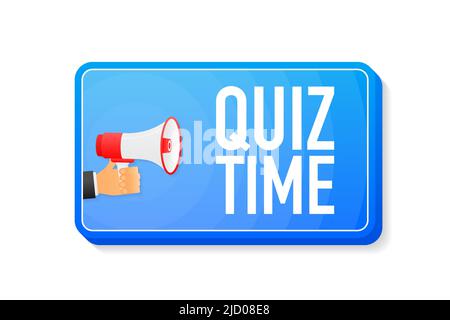 Quiz tempo megaphone banner blu in stile 3D su sfondo bianco. La mano tiene il sistema di amplificazione. Illustrazione vettoriale. Illustrazione Vettoriale