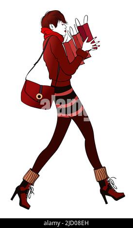 Donna shopping in un centro commerciale - illustrazione vettoriale (ideale per la stampa, poster o carta da parati, decorazione della casa) Illustrazione Vettoriale