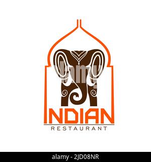Ristorante indiano icona con elefante per cucina indiana cibo, emblema vettoriale. Cucina indiana e simbolo della cucina di elefante e tempio Maharajah, chef curry bar o badge vegetariano caffè Illustrazione Vettoriale