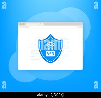 Etichetta di sicurezza blu piatta VPN su sfondo bianco. Illustrazione vettoriale. Illustrazione Vettoriale