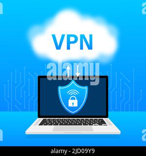 Etichetta di sicurezza blu piatta VPN su sfondo bianco. Illustrazione vettoriale. Illustrazione Vettoriale