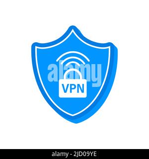 Etichetta di sicurezza blu piatta VPN su sfondo bianco. Illustrazione vettoriale. Illustrazione Vettoriale