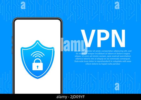 Etichetta di sicurezza blu piatta VPN su sfondo bianco. Illustrazione vettoriale. Illustrazione Vettoriale