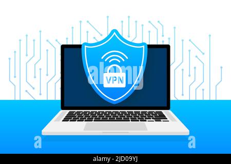 Etichetta di sicurezza blu piatta VPN su sfondo bianco. Illustrazione vettoriale. Illustrazione Vettoriale