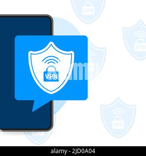 Etichetta di sicurezza blu piatta VPN su sfondo bianco. Illustrazione vettoriale. Illustrazione Vettoriale