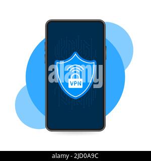 Etichetta di sicurezza blu piatta VPN su sfondo bianco. Illustrazione vettoriale. Illustrazione Vettoriale