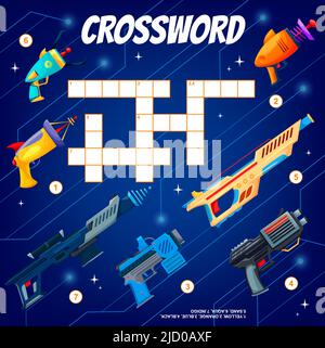 Pistola Blaster, arma a pistola o raygun, griglia di cruciverba per trovare parola, gioco di quiz vettoriale. Foglio di lavoro Crossword per indovinare parola di sparatutto spazio o pistole blaster galassia, puzzle cartoon bambini o gioco indovinello Illustrazione Vettoriale