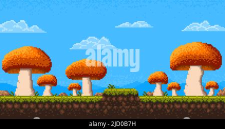 Livello di gioco di pixel art, funghi pianeta alieno, sfondo vettoriale cartoon. 8 bit pixel video gioco arcade funghi giganti foresta paesaggio, fantasy fata funghi magici per il livello di gioco Illustrazione Vettoriale