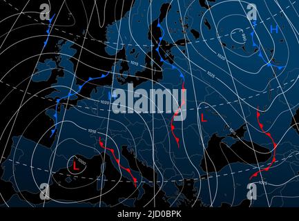 Previsioni meteo isobar mappa notturna di Europa, fronti del vento e diagramma vettoriale della temperatura. Meteorologia clima e previsioni meteo isobar d'Europa, ciclone freddo e caldo o grafico della pressione atmosferica Illustrazione Vettoriale