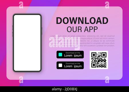 Scarica pagine. Applicazione app mobile. Concetto aziendale. Icona dello smartphone con schermo a sfioramento manuale. Illustrazione Vettoriale
