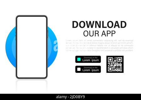 Scarica pagine. Applicazione app mobile. Concetto aziendale. Icona dello smartphone con schermo a sfioramento manuale. Illustrazione Vettoriale