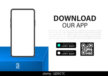 Scarica pagine. Applicazione app mobile. Concetto aziendale. Icona dello smartphone con schermo a sfioramento manuale. Illustrazione Vettoriale