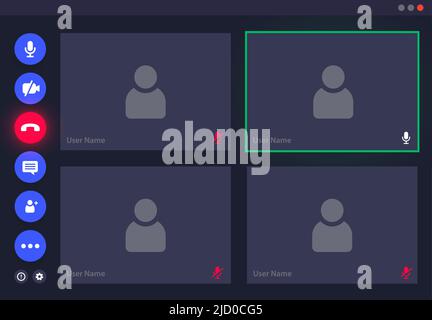 Interfaccia video, modello UI della schermata delle videochiamate o sovrapposizione vettore per la chat in conferenza. Videocall mockup con icone zoom per videochiamate online in un webinar su telefono cellulare o computer e app di chat video Illustrazione Vettoriale