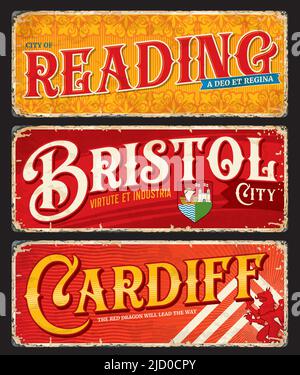 Reading, Bristol, Cardiff, targhe da viaggio per la città del Regno Unito e etichette per bagagli inglesi, adesivi vettoriali. Insegne in stagno con bandiera della contea inglese, simbolo o emblemi della città, targhe da viaggio e cartelli con grunge Illustrazione Vettoriale