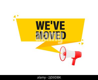 Abbiamo spostato il banner giallo megaphone in stile 3D su sfondo bianco. Illustrazione vettoriale. Illustrazione Vettoriale