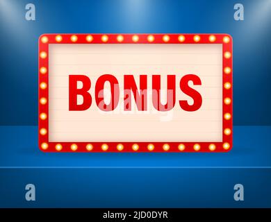 Banner cartoon. Modello di design vettore segno bonus. Banner omaggio. Cartello di gioco. Icona freccia. Arte geometrica Illustrazione Vettoriale