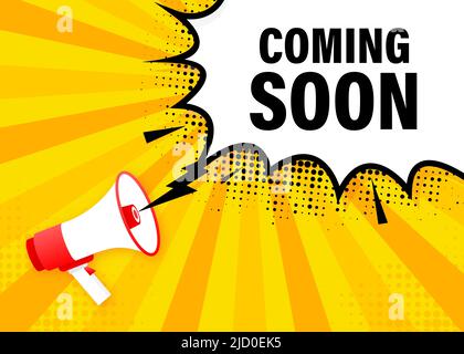 Presto disponibile il banner giallo megaphone in stile 3D. Illustrazione vettoriale. Illustrazione Vettoriale