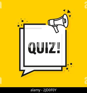 Striscione giallo quiz megaphone in stile piatto. Loudspeacker. Illustrazione vettoriale. Illustrazione Vettoriale
