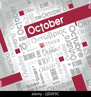 Nuvola di parole di ottobre scritto in spagnolo, tedesco, portoghese, italiano, giapponese, Coreano in grigio con la parola inglese evidenziata a colori. Immagine vettoriale Illustrazione Vettoriale