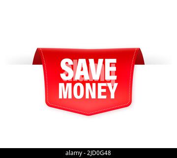 Risparmia denaro nastro rosso in stile origami. . Banner web rosso moderno. Mega vendita. Web, grafica, banner. Illustrazione Vettoriale