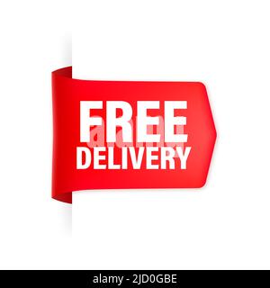 Nastro rosso a consegna gratuita su sfondo bianco. Vettore logo. Vettore isolato. Illustrazione Vettoriale