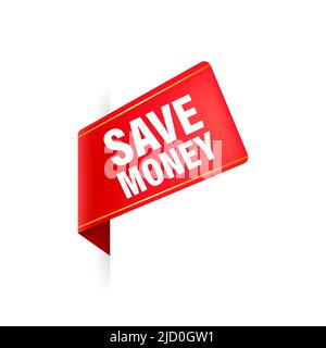 Risparmia denaro nastro rosso in stile origami. . Banner web rosso moderno. Mega vendita. Web, grafica, banner. Illustrazione Vettoriale