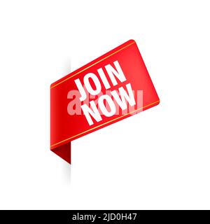 Unisciti ora etichetta rossa su sfondo bianco. Illustrazione vettoriale. Illustrazione Vettoriale