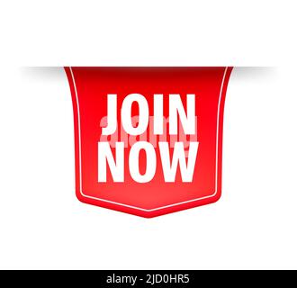 Unisciti ora etichetta rossa su sfondo bianco. Illustrazione vettoriale. Illustrazione Vettoriale