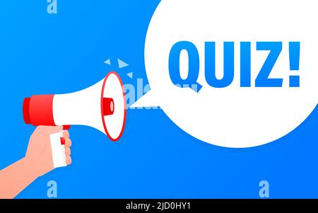 Striscione blu megaphone quiz in stile piatto. Loudspeacker. Illustrazione vettoriale. Illustrazione Vettoriale