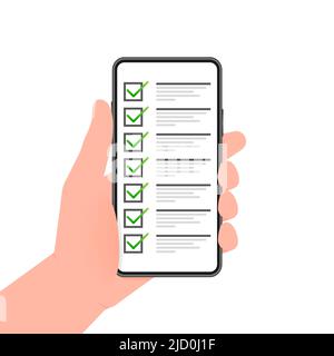 La mano tiene il telefono con l'elenco di controllo sullo schermo su sfondo verde. Illustrazione vettoriale. Illustrazione Vettoriale
