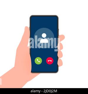 La mano consente di tenere il telefono con la chiamata chiamata in arrivo video sullo schermo su sfondo bianco. Illustrazione vettoriale. Illustrazione Vettoriale