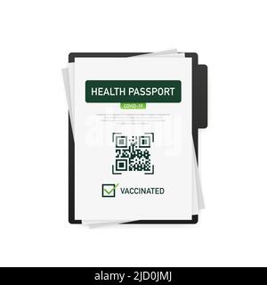 Passaporto sanitario Codice qr in stile lineare su sfondo verde. Vaccinazione contro il coronavirus. Scheda del certificato di vaccino Illustrazione Vettoriale