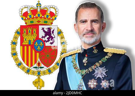 Re Felipe VI di Spagna e stemma Foto Stock