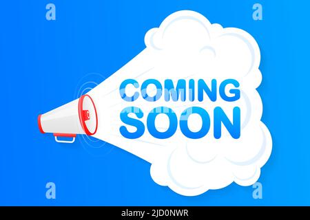 Banner blu megaphone con presto in arrivo segno. Illustrazione vettoriale Illustrazione Vettoriale